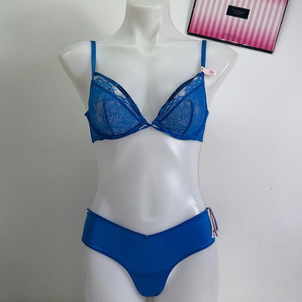 Victoria's Secret Blue Lace Bra Set 34B unlined / large cheeky NWT